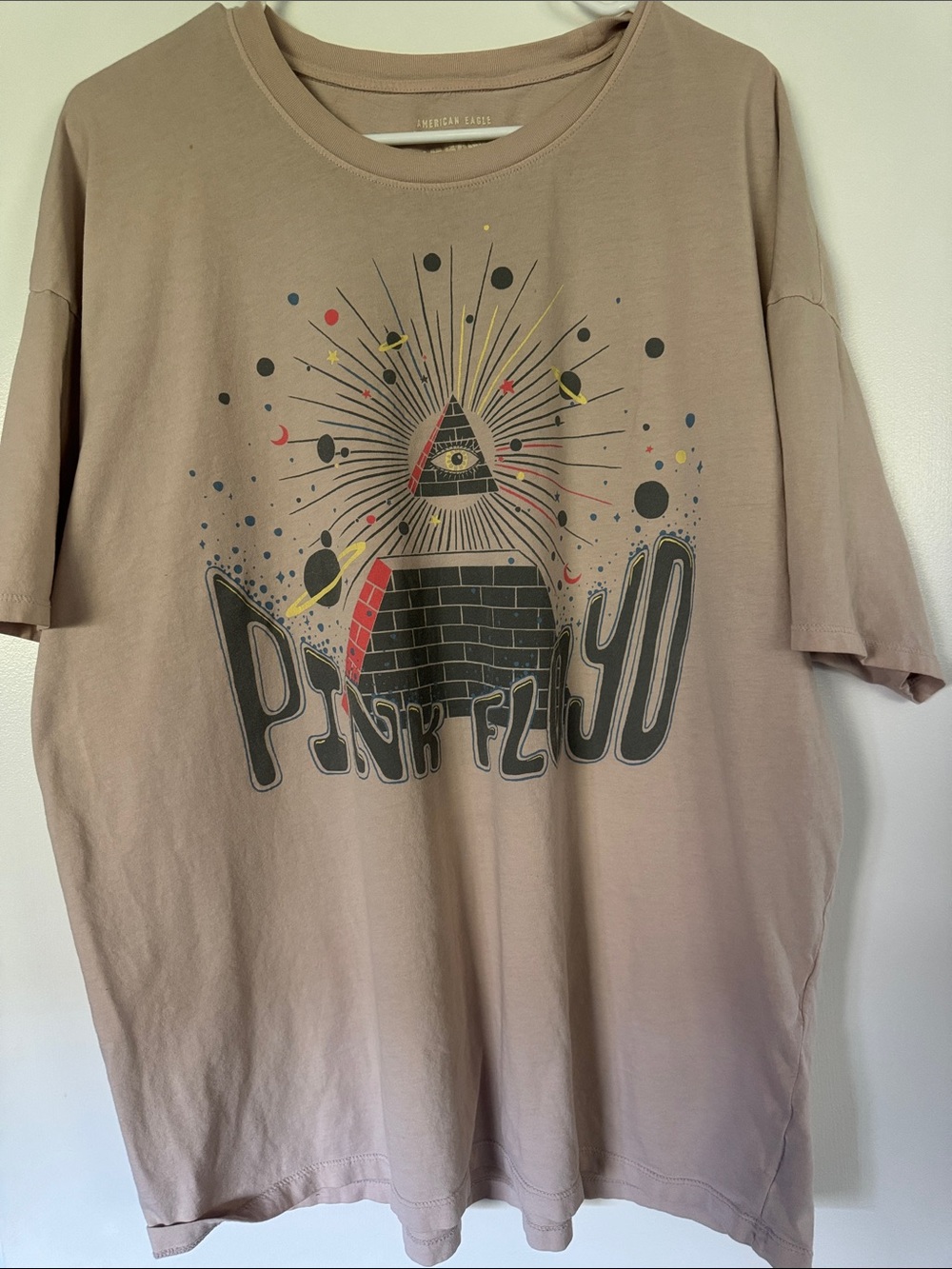 American Eagle Pink Floyd Band Tee L/XL Dusty Pink Pyramid Eye Graphic Oversized